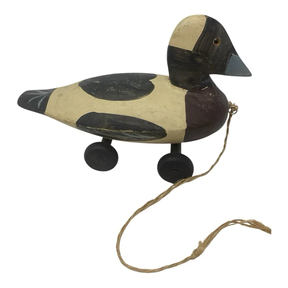 Vintage Pull Toy Rolling Wood Hand Painted Duck Primitive Folk Art Farmhouse